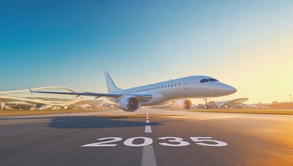 Fototapeta premium Sleek Futuristic Aircraft Design With Aerodynamic Features in 2035 Landscape