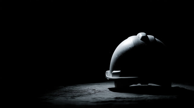 Single Safety Helmet Silhouette on Dark Industrial Surface with Dramatic Spotlight and Copy Space