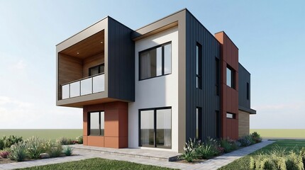 Modern two-story house with balcony and garden