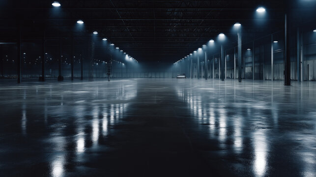 Empty Industrial Warehouse Floor with Glossy Wet Reflections, Dark Factory Interior with Dramatic Overhead Lights and Copy Space