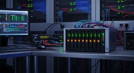 Network storage device and computer display showing operational data inside a dimly lit equipment room.
