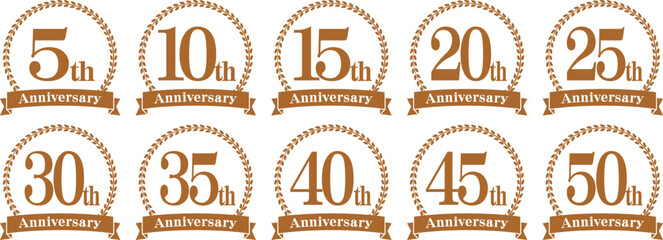 アニバーサリーのロゴ「5周年、10周年、15周年、20周年、25周年、30周年、35周年、40周年、45周年、50周年」
