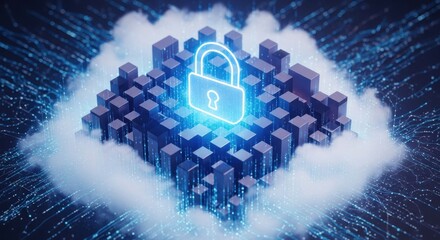 Illuminated digital lock hovers above a structure of abstract data blocks resting within glowing cloud formations