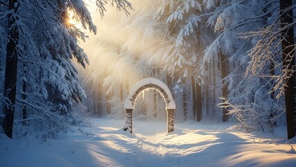 Serene winter archway stands amidst snow-covered trees, bathed in soft morning light