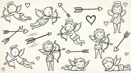 Obraz premium Collection of cute cartoon cupids with bows and arrows hearts
