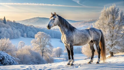 A majestic dapple gray horse stands proudly in a paddock surrounded by snow-covered trees and rolling hills