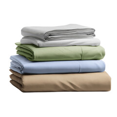 Stack of folded bed sheets in light grey green blue and tan colors fabric, Png Isolated On White, Transparent Background