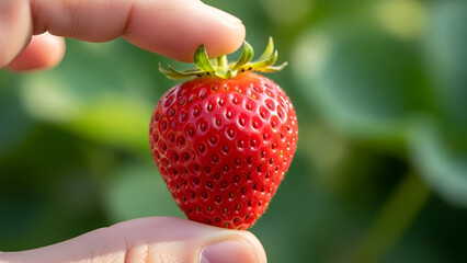 Close-up of a hand holding a ripe strawberry against a blurred green backdrop