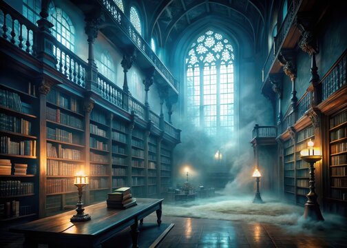 Dark mystical atmosphere within an old library with a blurred haunted house interior