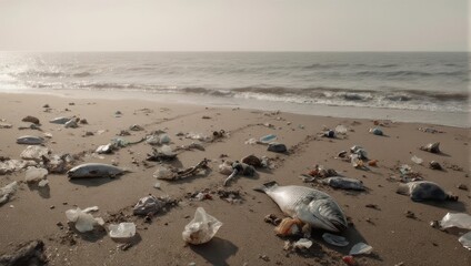 Obraz premium Beach littered with plastic and dead fish. Waves crash on the shore