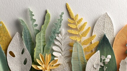Decorative Foliage Composition Featuring Textured Leaves in Green Gold and White Hues Against a Textured Background with Soft Natural Lighting