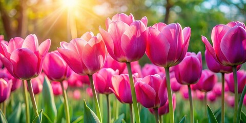 Obraz premium Vibrant pink tulips standing tall in a lush garden bathed in warm sunlight