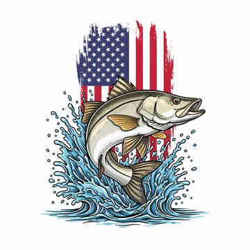 Snook fish jumping with american flag background and water splash