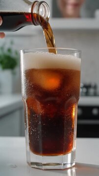 A hand pours cola into a tall glass filled with ice cubes on a kitchen counter