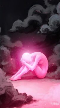 A pink human figure sits alone on a gray surface, hunched over with arms wrapped around knees, amidst dark stormy clouds