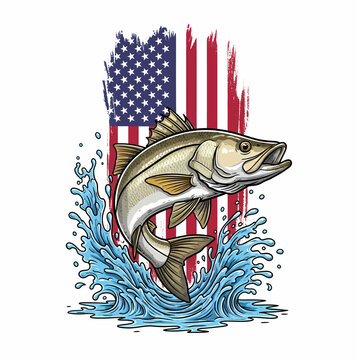 Snook fish jumping with american flag background and water splash