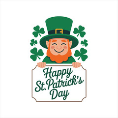 Happy St. Patrick&rsquo;s Day Leprechaun Holding Sign with Shamrock Clover Illustration