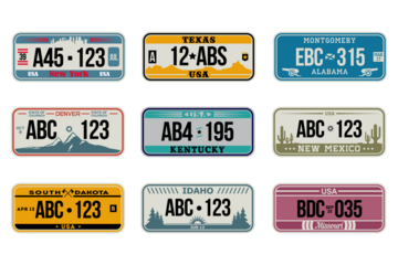 Set of stylized American license plates from various states like New York, Texas, and Kentucky, isolated on a transparent background for design projects.