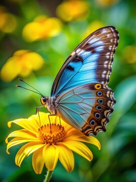 Delicate Morpho helenor ssp Theodorus butterfly perched on a bright yellow flower in the rainforest