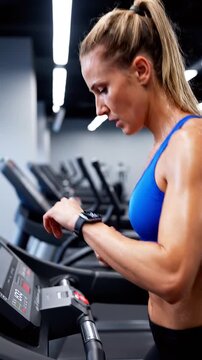 A woman in a blue sports bra running on a treadmill at the gym with other treadmills in the background