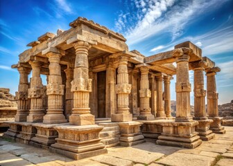 Obraz premium Ancient temple ruins with columns and stone carvings of various gods