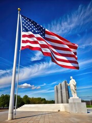 Naklejka premium Described image of American flag waving over civil rights monument with equality and diversity symbols