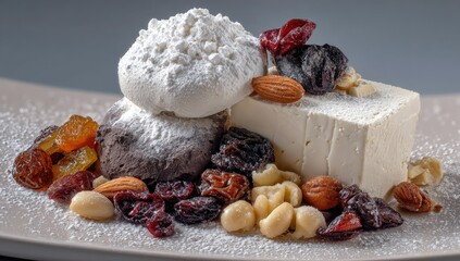 Dessert cake, cookie, meringue, dried fruit, and nuts
