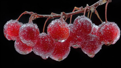 Icy red berries hang from twig, against a black background