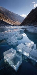 Ice blocks floating on water with mountains