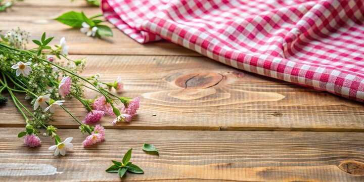 Soft pink gingham fabric on a wooden table with a few scattered flowers and fresh greenery