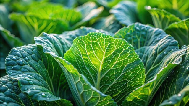 Fresh green cabbage leaves growing in a vegetable garden close up with dew drops on the leaves