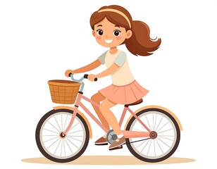 Animated girl joyfully riding a pink bicycle with a wicker basket and ponytail, on a bright background