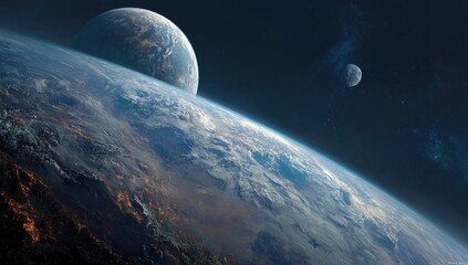 Three celestial bodies glow against deep, dark space