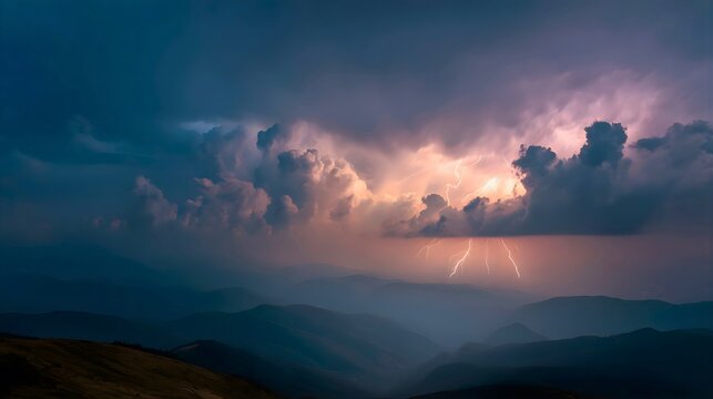 Dramatic mountain landscape with stormy clouds at sunset sun rays piercing through - Powered by Adobe