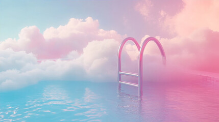 Surreal dreamscape background featuring a chrome swimming pool ladder emerging from vibrant pastel pink and blue water, surrounded by fluffy white clouds and an ethereal vaporwave gradient sky.
