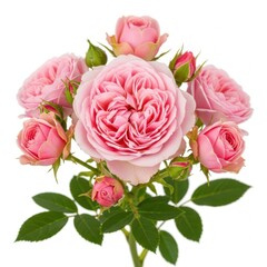 Delicate pink roses in full bloom with green leaves