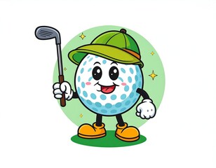 Animated golf ball wearing a cap and holding a club, with a green background and stars