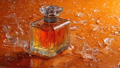 Perfume bottle in water with orange hue, fractured ice around