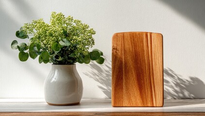 Still life flowers in vase, wood cutting board, sunny