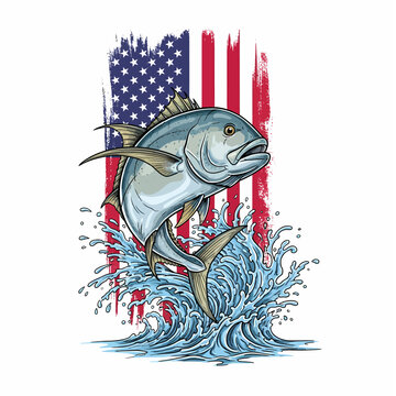 Giant Trevally fish jumping with USA flag background and water splash
