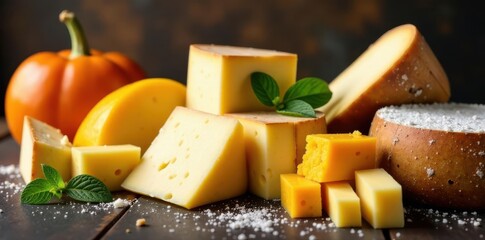 Fototapeta premium Assorted artisan cheeses, various textures & colors , creamy, nutty