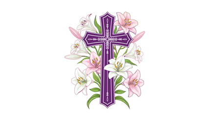 Obraz premium A striking purple cross adorned with delicate pink and white lilies, symbolizing faith and resurrection during Easter celebrations