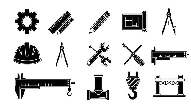 collection of construction and engineering tools and symbols