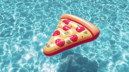 Inflatable Pizza Slice Floating On Sparkling Blue Pool Water in Summer