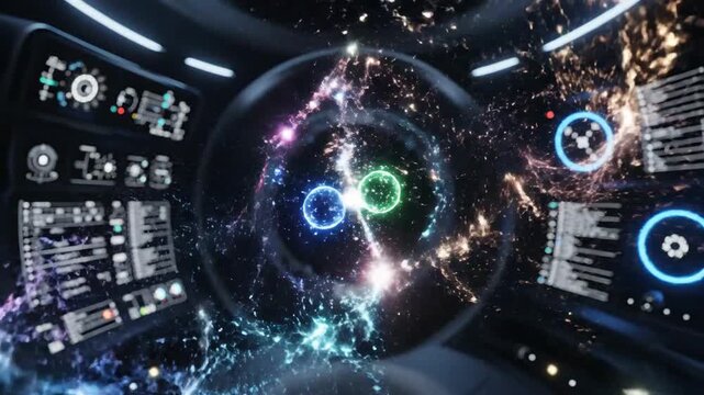 Quantum entangled particles swirling in futuristic energy vortex
