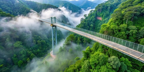 Towering glass bridge suspended high above lush green forest canopy