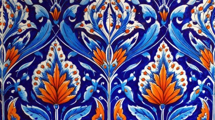 Detailed Ornamental Pattern in Blue Orange and White with Floral and Leaf Motifs on a Flat Blue Background Wallpaper Style