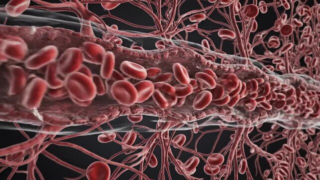 Cinematic slow motion visualization of human arteriole anatomy showing intricate microcirculation within a biological vascular network for medical education and scientific research purposes.