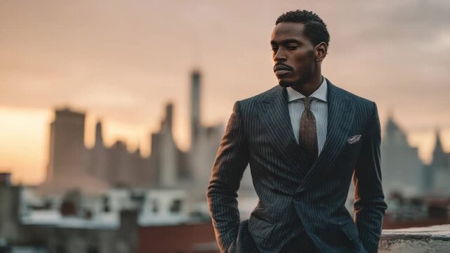 Man in urban scenery: A composed, dapper gentleman in an elegant suit stands amidst an urban landscape, his gaze fixed on the horizon as the sun sets, casting a warm light.