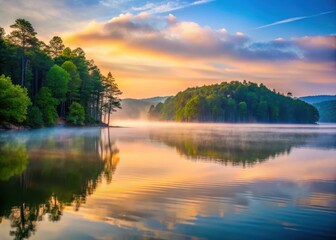 Misty dawn light reflects off calm waters of Broken Bow Lake with surrounding trees and hills in soft focus